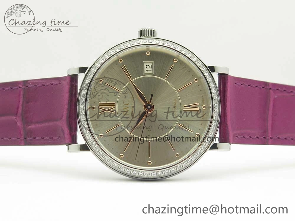 Portofino IW458101 Diamond Bezel SS MK 1:1 Best Edition Silver Dial On Purple Leather Strap MIYOTA 9015