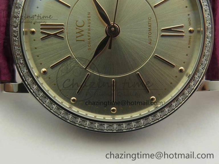 Portofino IW458101 Diamond Bezel SS MK 1:1 Best Edition Silver Dial On Purple Leather Strap MIYOTA 9015