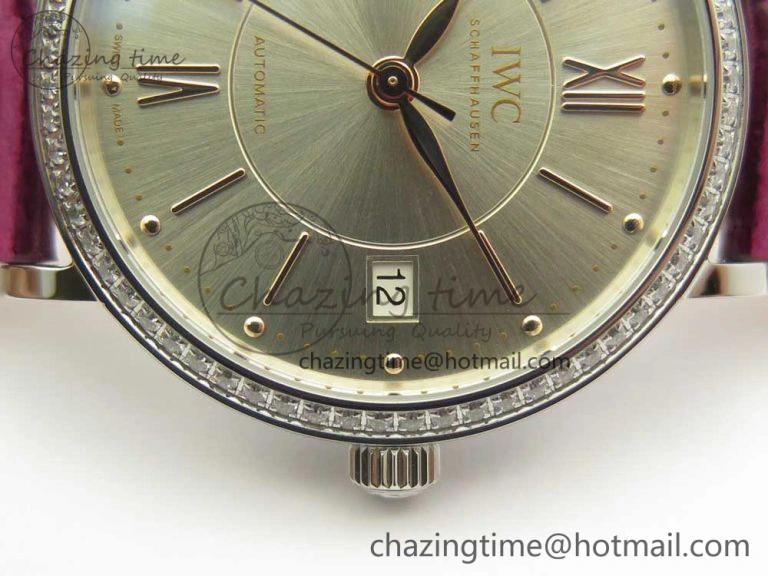 Portofino IW458101 Diamond Bezel SS MK 1:1 Best Edition Silver Dial On Purple Leather Strap MIYOTA 9015