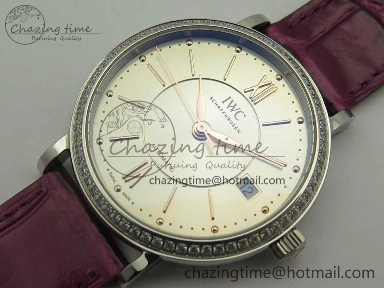 Portofino IW458101 Diamond Bezel SS MK 1:1 Best Edition Silver Dial On Purple Leather Strap MIYOTA 9015
