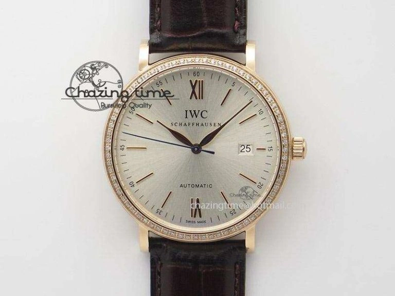 Portofino RG MKF 1:1 V2 Best Edition Diamond Bezel Silver Dial On Brown Leather Strap A2892