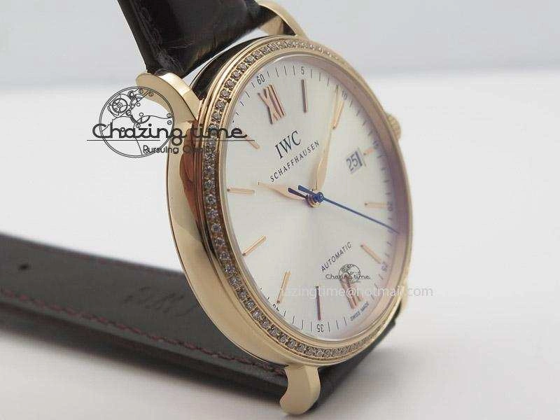 Portofino RG MKF 1:1 V2 Best Edition Diamond Bezel Silver Dial On Brown Leather Strap A2892