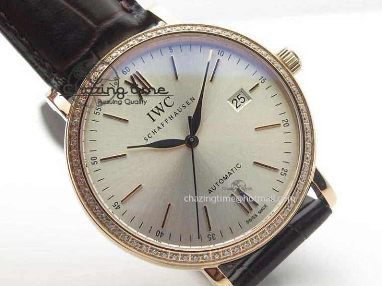 Portofino RG MKF 1:1 V2 Best Edition Diamond Bezel Silver Dial On Brown Leather Strap A2892