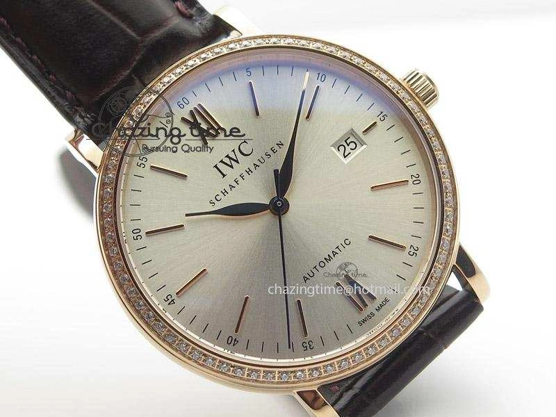 Portofino RG MKF 1:1 V2 Best Edition Diamond Bezel Silver Dial On Brown Leather Strap A2892
