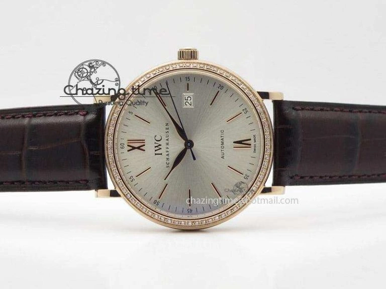 Portofino RG MKF 1:1 V2 Best Edition Diamond Bezel Silver Dial On Brown Leather Strap A2892