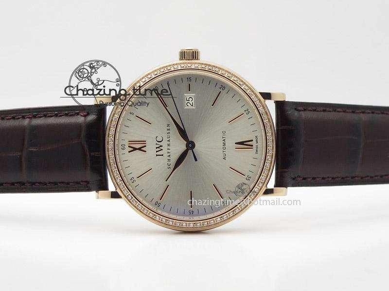 Portofino RG MKF 1:1 V2 Best Edition Diamond Bezel Silver Dial On Brown Leather Strap A2892
