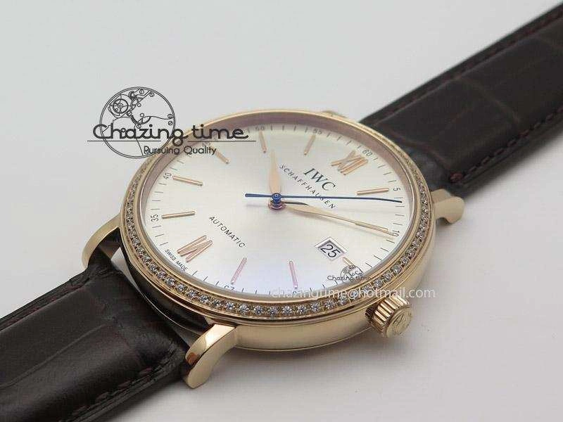 Portofino RG MKF 1:1 V2 Best Edition Diamond Bezel Silver Dial On Brown Leather Strap A2892