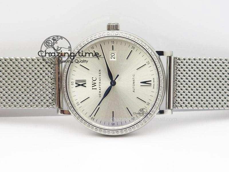Portofino SCHAFFHAUSEN SS MKF 1:1 Best Edition Silver Dial Diamond On Mesh Bracelet A2892