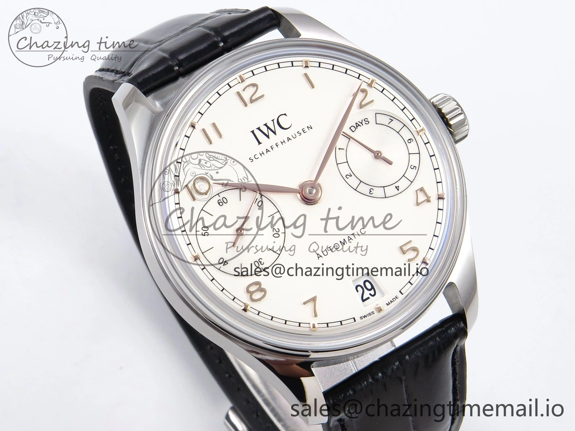 Portugieser Automatic 42mm SS APSF 1:1 Best Edition White RG Dial on Black Leather Strap A52011