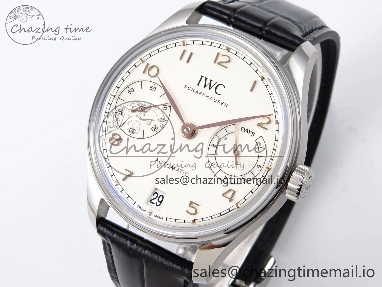 Portugieser Automatic 42mm SS APSF 1:1 Best Edition White RG Dial on Black Leather Strap A52011