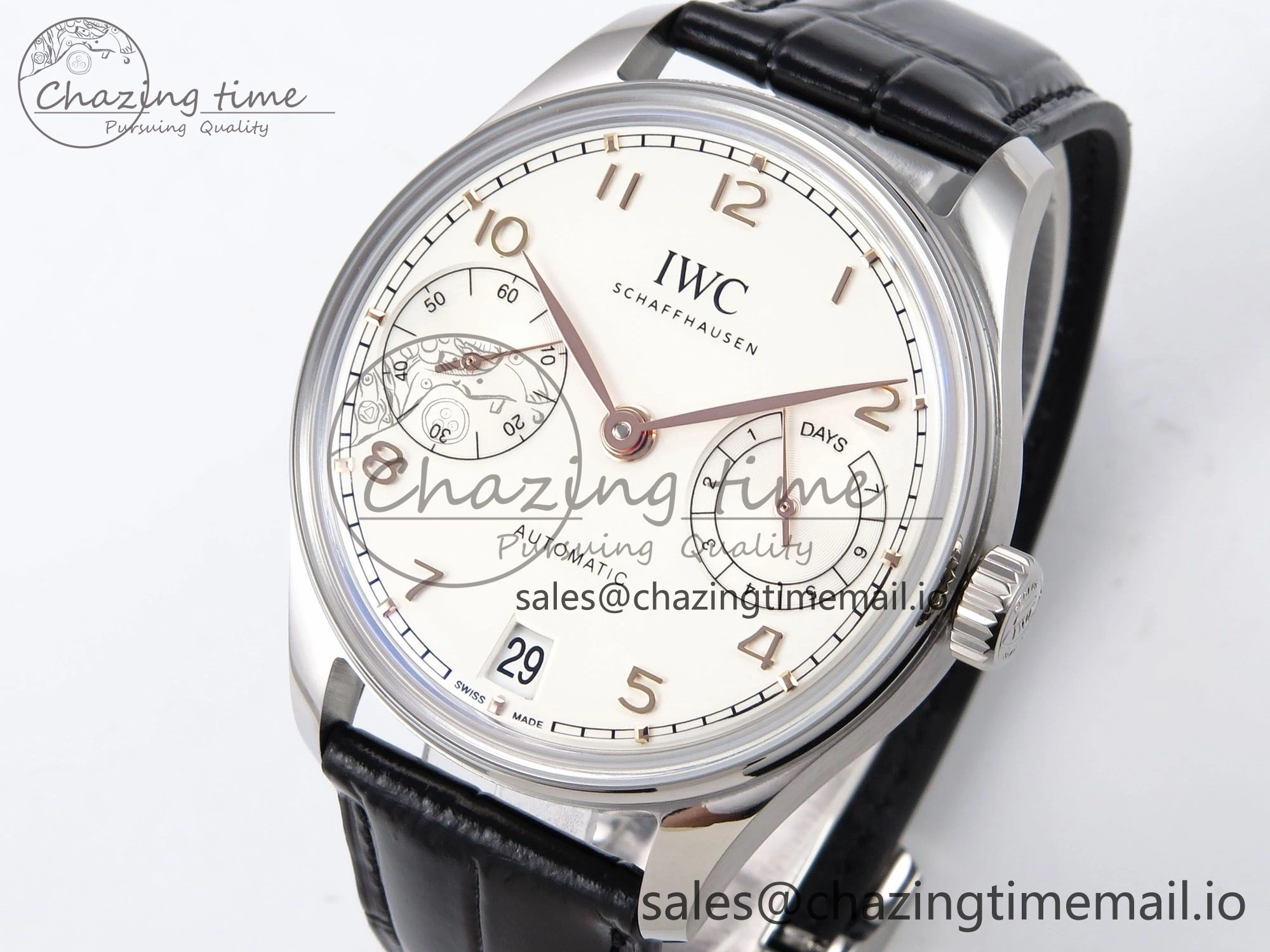 Portugieser Automatic 42mm SS APSF 1:1 Best Edition White RG Dial on Black Leather Strap A52011