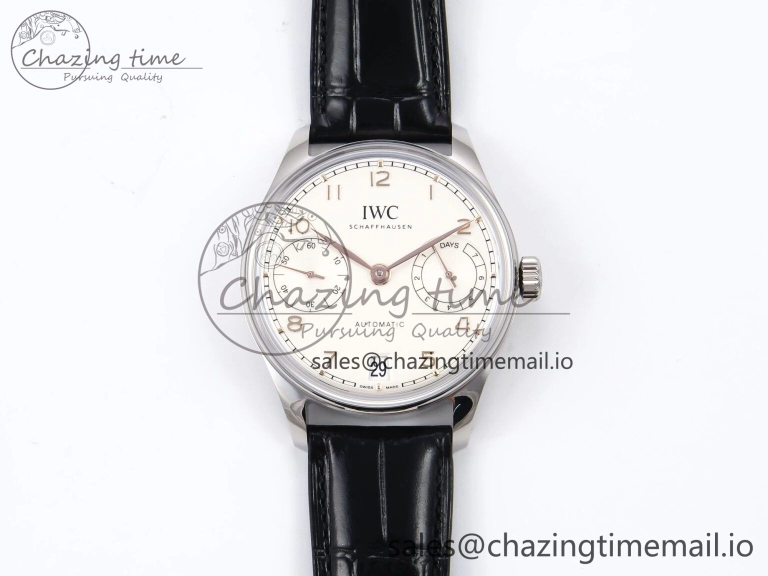 Portugieser Automatic 42mm SS APSF 1:1 Best Edition White RG Dial on Black Leather Strap A52011