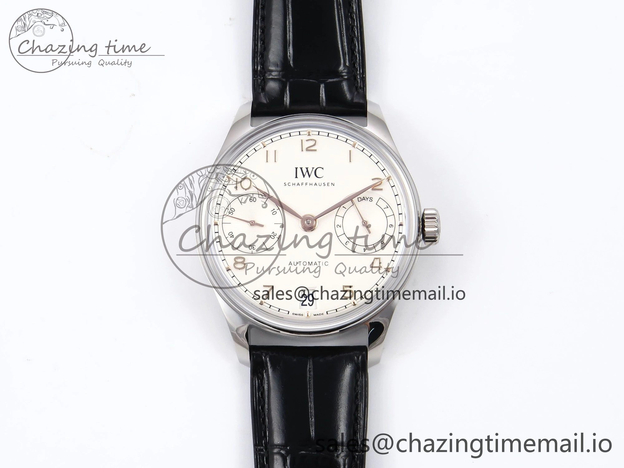 Portugieser Automatic 42mm SS APSF 1:1 Best Edition White RG Dial on Black Leather Strap A52011