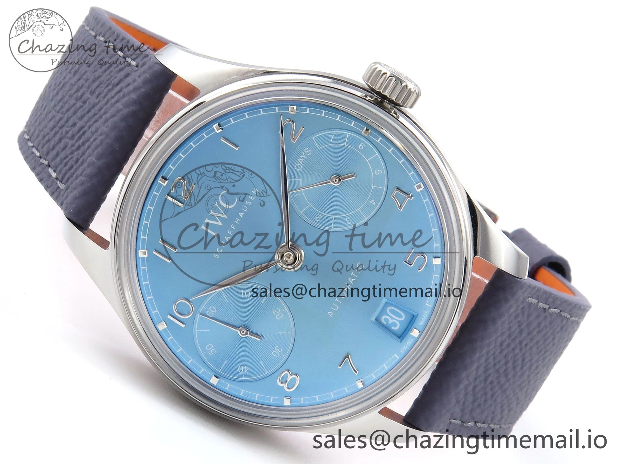 Portugieser Automatic SS IW501708 APSF 1:1 Best Edition Light Blue Dial on Gray Leather Strap A52011