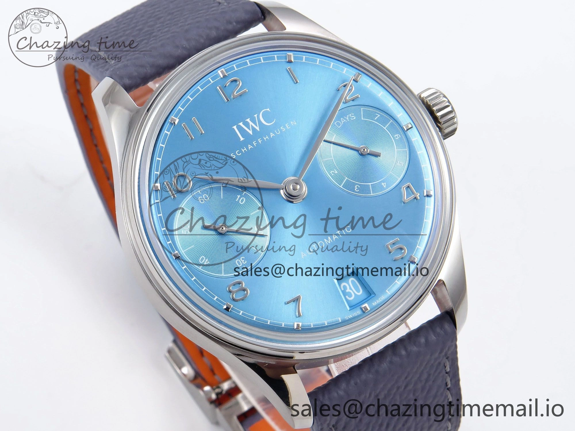 Portugieser Automatic SS IW501708 APSF 1:1 Best Edition Light Blue Dial on Gray Leather Strap A52011