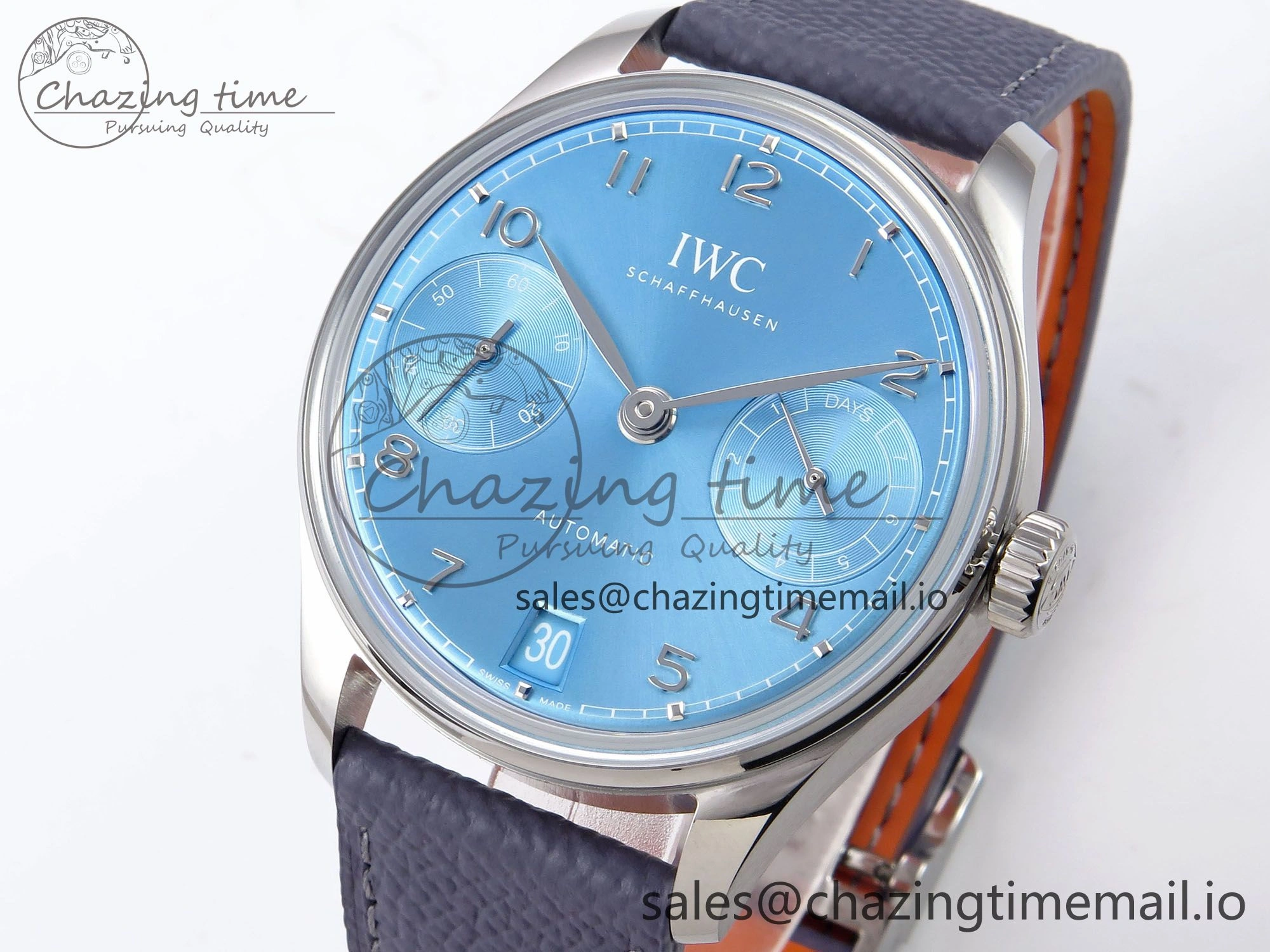 Portugieser Automatic SS IW501708 APSF 1:1 Best Edition Light Blue Dial on Gray Leather Strap A52011