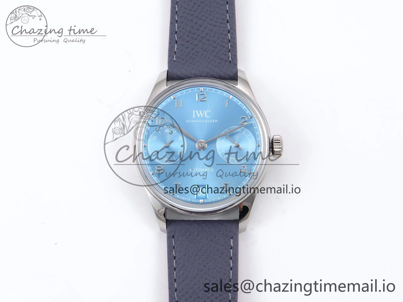 Portugieser Automatic SS IW501708 APSF 1:1 Best Edition Light Blue Dial on Gray Leather Strap A52011
