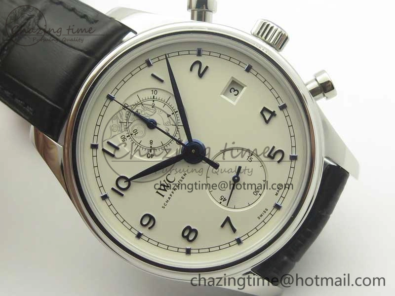 Portugieser Chrono Classic 42 IW390302 ZF 1:1 Best Edition White Dial Blue Markers on Black Leather Strap A7750
