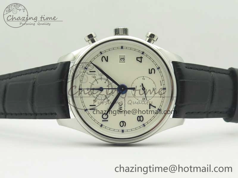 Portugieser Chrono Classic 42 IW390302 ZF 1:1 Best Edition White Dial Blue Markers on Black Leather Strap A7750