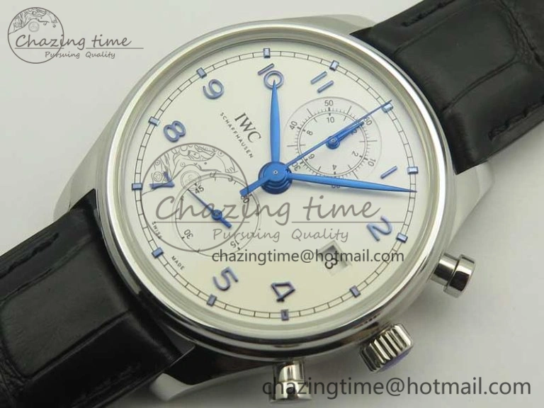 Portugieser Chrono Classic 42 IW390302 ZF 1:1 Best Edition White Dial Blue Markers on Black Leather Strap A7750