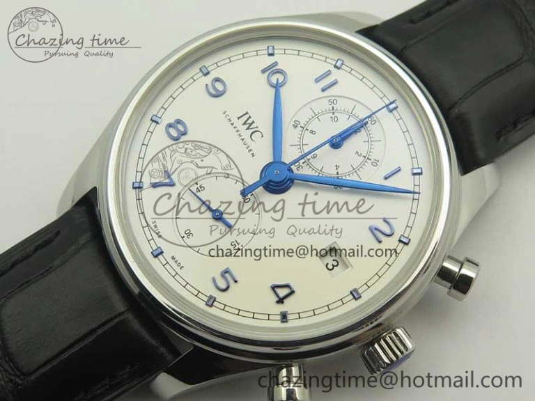 Portugieser Chrono Classic 42 IW390302 ZF 1:1 Best Edition White Dial Blue Markers on Black Leather Strap A7750