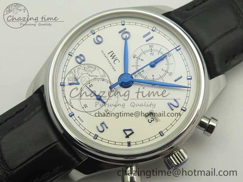 Portugieser Chrono Classic 42 IW390302 ZF 1:1 Best Edition White Dial Blue Markers on Black Leather Strap A7750