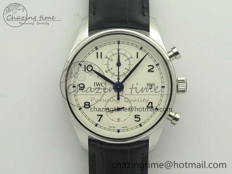 Portugieser Chrono Classic 42 IW390302 ZF 1:1 Best Edition White Dial Blue Markers on Black Leather Strap A7750