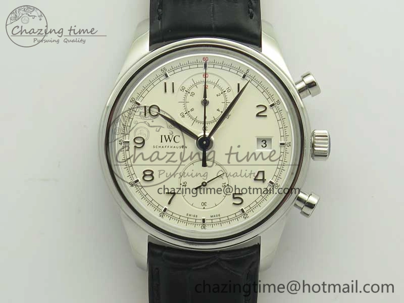 Portugieser Chrono Classic 42 IW390403 ZF 1:1 Best Edition White Dial Blue Hand on Black Leather Strap A7750