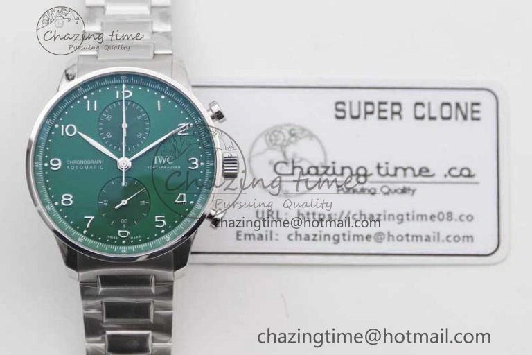 Portugieser Chronograph IW371615 ZF Best Edition Green Dial on SS Bracelet A7750 (Slim Movement)