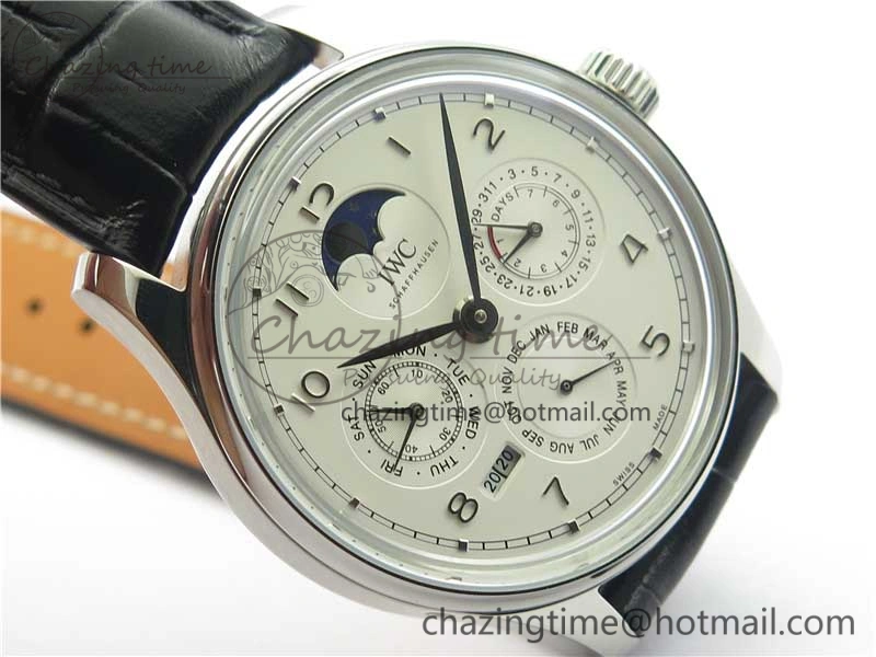 Portugieser Perpetual Calendar IW503301 V9F 1:1 Best Edition Silver Dial on Black Leather Strap A52615