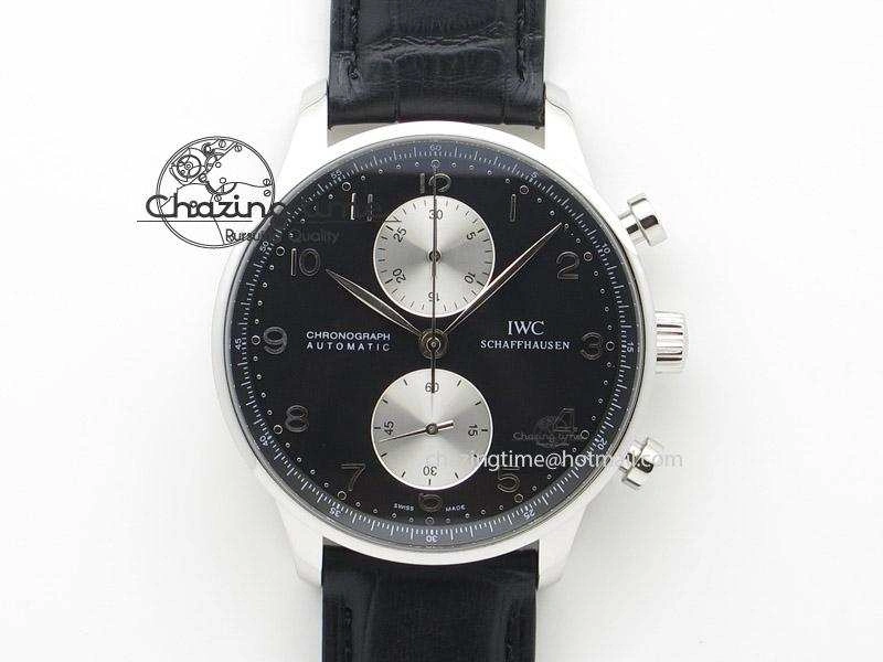 Portuguese 40mm Chrono SS Black Dial On Black Leather Strap A7750