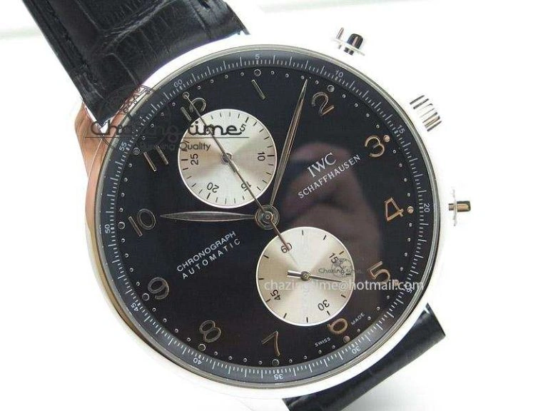 Portuguese 40mm Chrono SS Black Dial On Black Leather Strap A7750