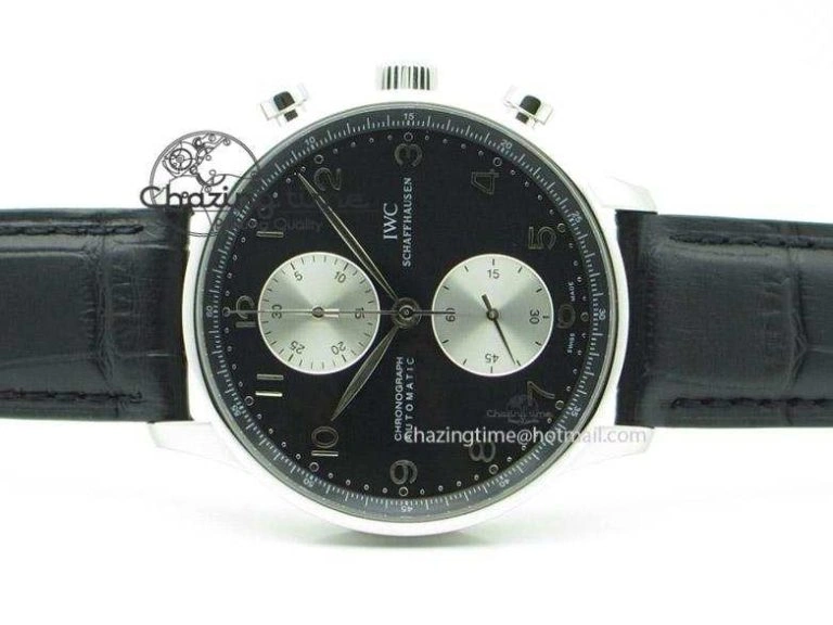 Portuguese 40mm Chrono SS Black Dial On Black Leather Strap A7750