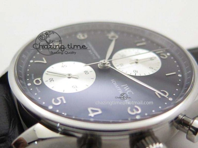 Portuguese 40mm Chrono SS Black Dial On Black Leather Strap A7750