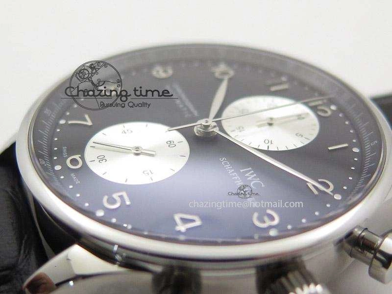 Portuguese 40mm Chrono SS Black Dial On Black Leather Strap A7750