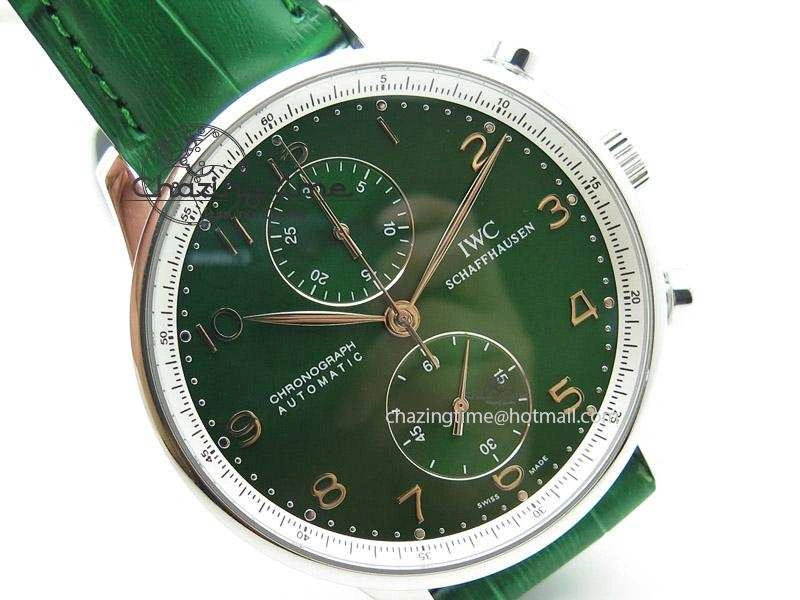 Portuguese 40mm Chrono SS Green Dial On Green Leather Strap A7750