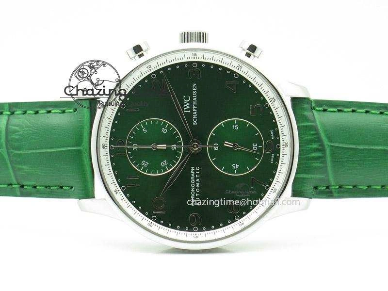 Portuguese 40mm Chrono SS Green Dial On Green Leather Strap A7750