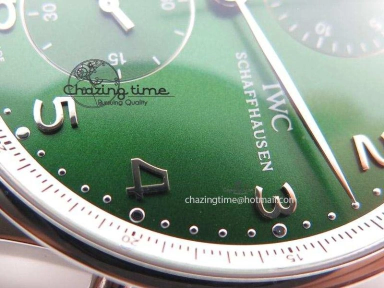Portuguese 40mm Chrono SS Green Dial On Green Leather Strap A7750