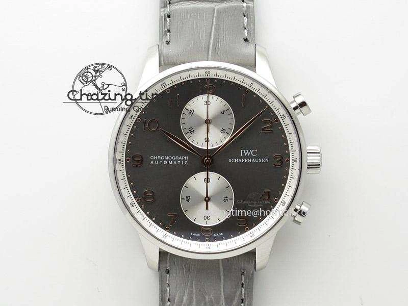 Portuguese 40mm Chrono SS Grey Dial On Grey Leather Strap A7750