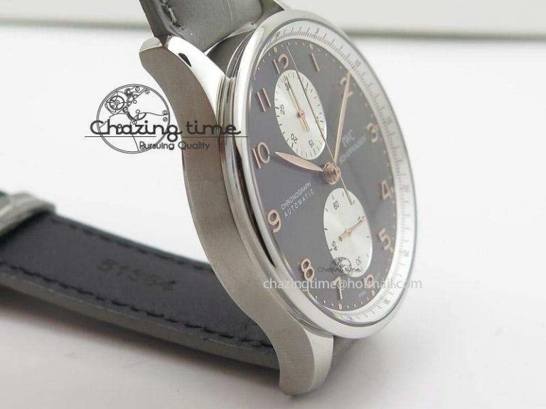 Portuguese 40mm Chrono SS Grey Dial On Grey Leather Strap A7750