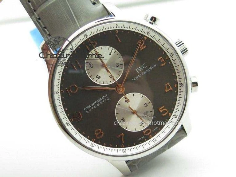 Portuguese 40mm Chrono SS Grey Dial On Grey Leather Strap A7750