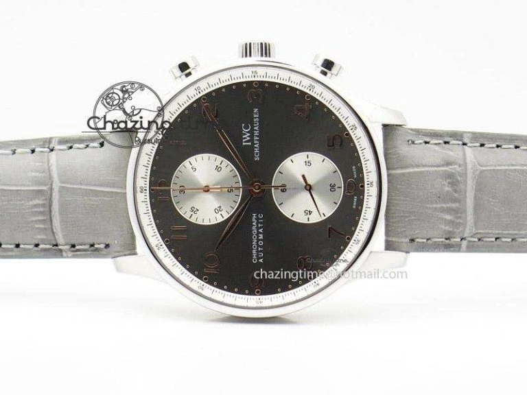 Portuguese 40mm Chrono SS Grey Dial On Grey Leather Strap A7750