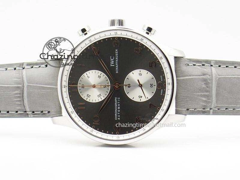 Portuguese 40mm Chrono SS Grey Dial On Grey Leather Strap A7750