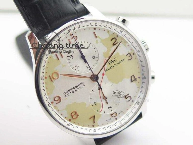 Portuguese 40mm Chrono SS Map Dial on Black Leather Strap A7750