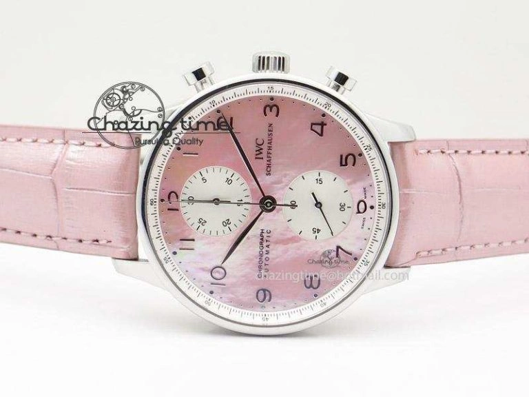 Portuguese 40mm Chrono SS Pink MOP Dial on Pink Leather Strap A7750