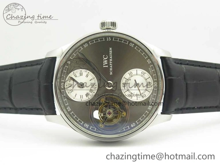 Portuguese Flying Tourbillon SS Gray Dial 2 Sub Dials on Black Leather Strap