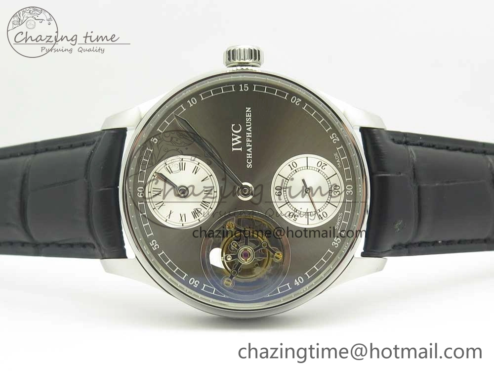 Portuguese Flying Tourbillon SS Gray Dial 2 Sub Dials on Black Leather Strap