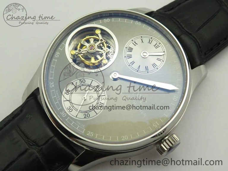 Portuguese Flying Tourbillon SS Gray Dial 2 Sub Dials on Black Leather Strap