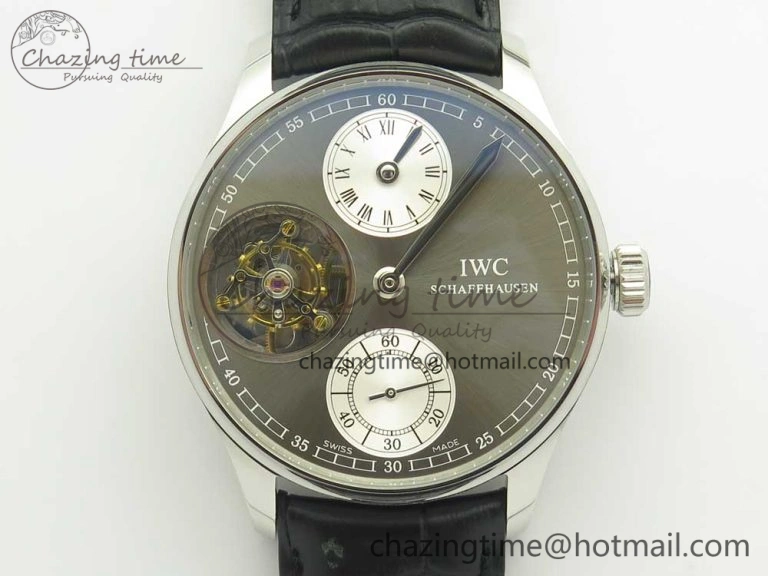 Portuguese Flying Tourbillon SS Gray Dial 2 Sub Dials on Black Leather Strap