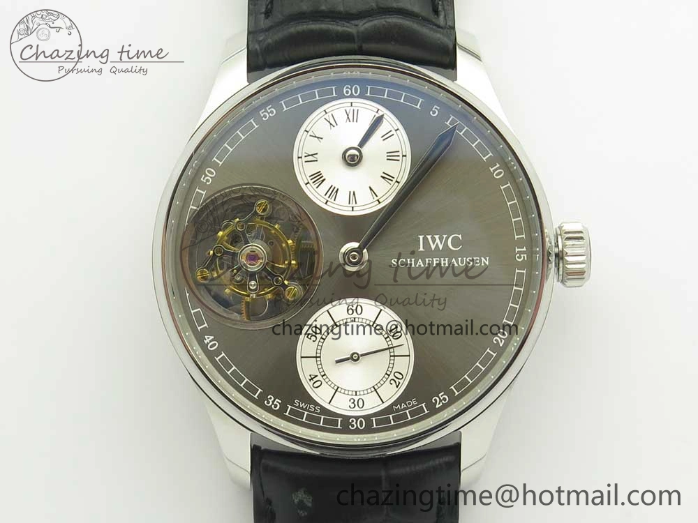Portuguese Flying Tourbillon SS Gray Dial 2 Sub Dials on Black Leather Strap